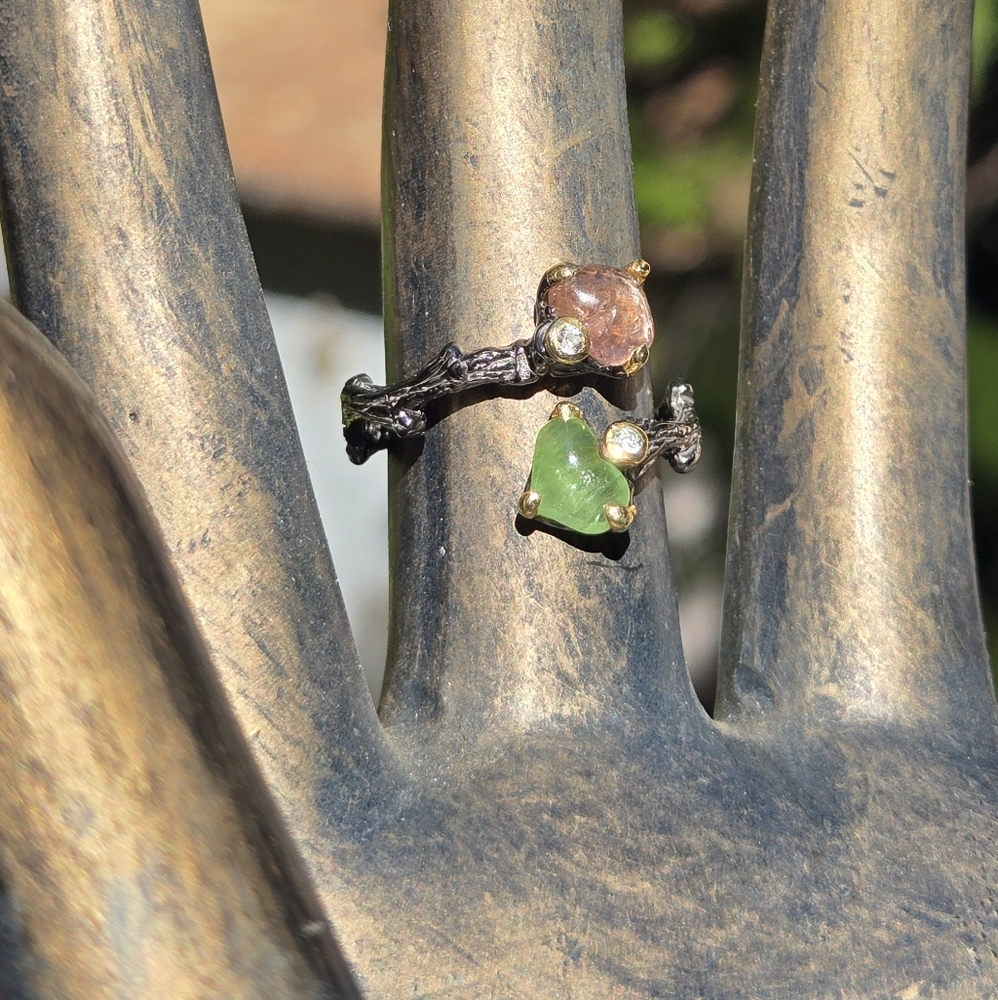 Tourmaline & Topaz Natural Gemstone Sterling Rhodium & Gold Ring Sz9 Adjustable - Picture 6 of 11